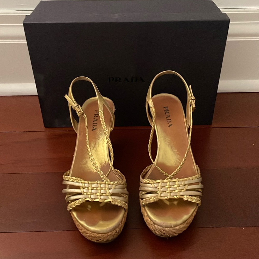 Prada gold wedge heels w/ box